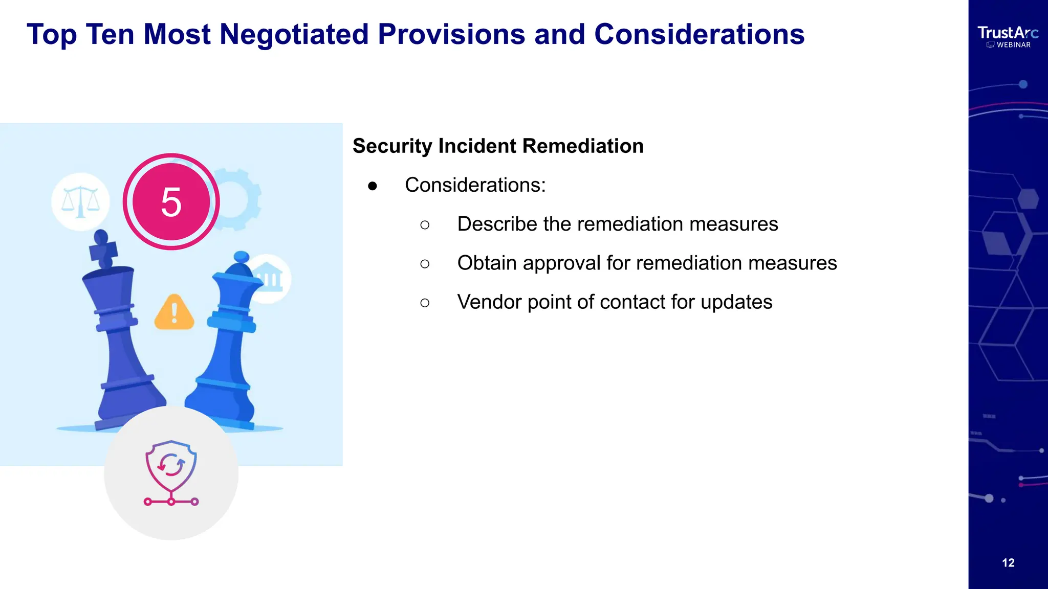 12
Top Ten Most Negotiated Provisions and Considerations
Security Incident Remediation
● Considerations:
○ Describe the remediation measures
○ Obtain approval for remediation measures
○ Vendor point of contact for updates
5
 