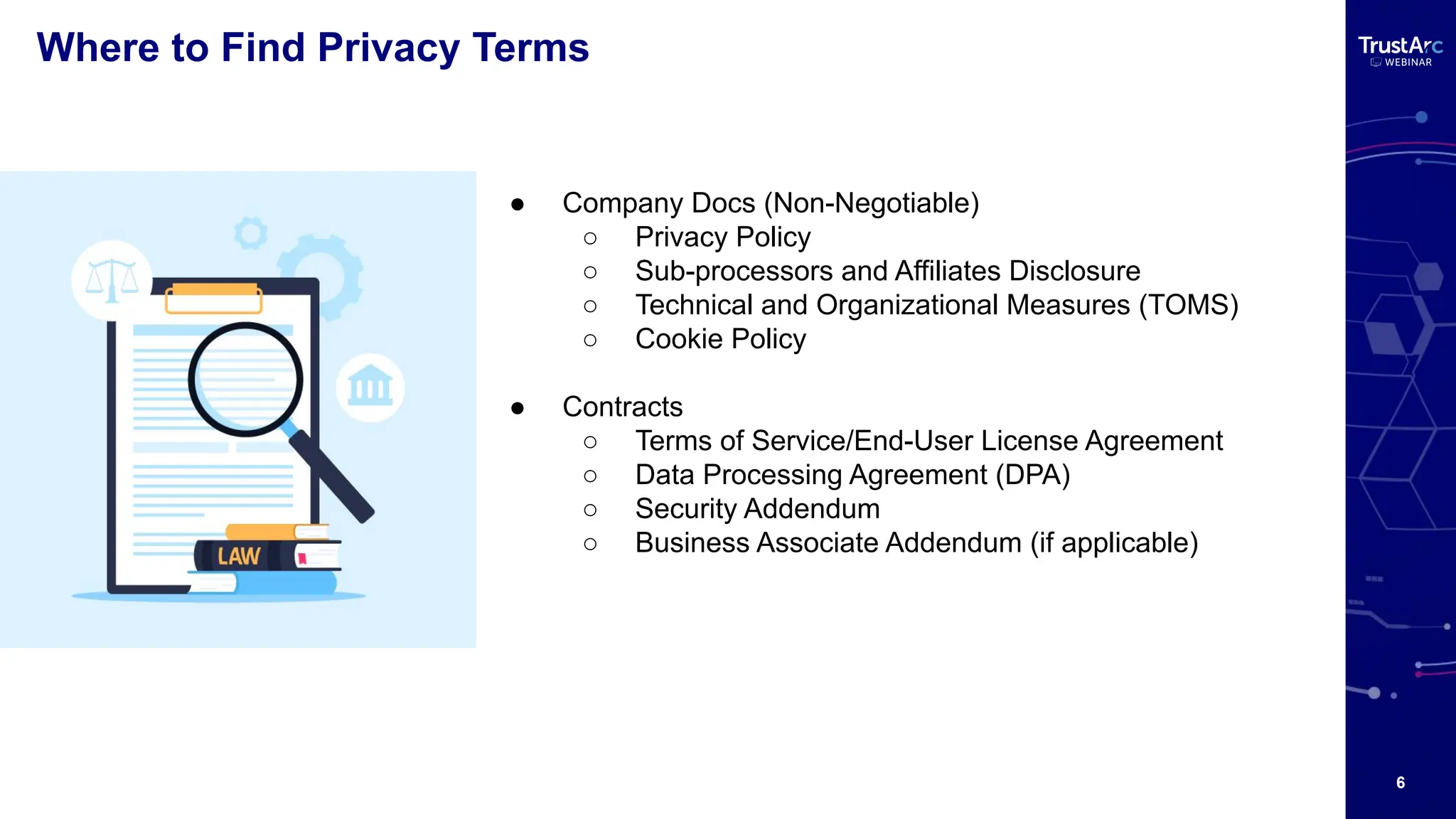 6
Where to Find Privacy Terms
● Company Docs (Non-Negotiable)
○ Privacy Policy
○ Sub-processors and Affiliates Disclosure
○ Technical and Organizational Measures (TOMS)
○ Cookie Policy
● Contracts
○ Terms of Service/End-User License Agreement
○ Data Processing Agreement (DPA)
○ Security Addendum
○ Business Associate Addendum (if applicable)
 