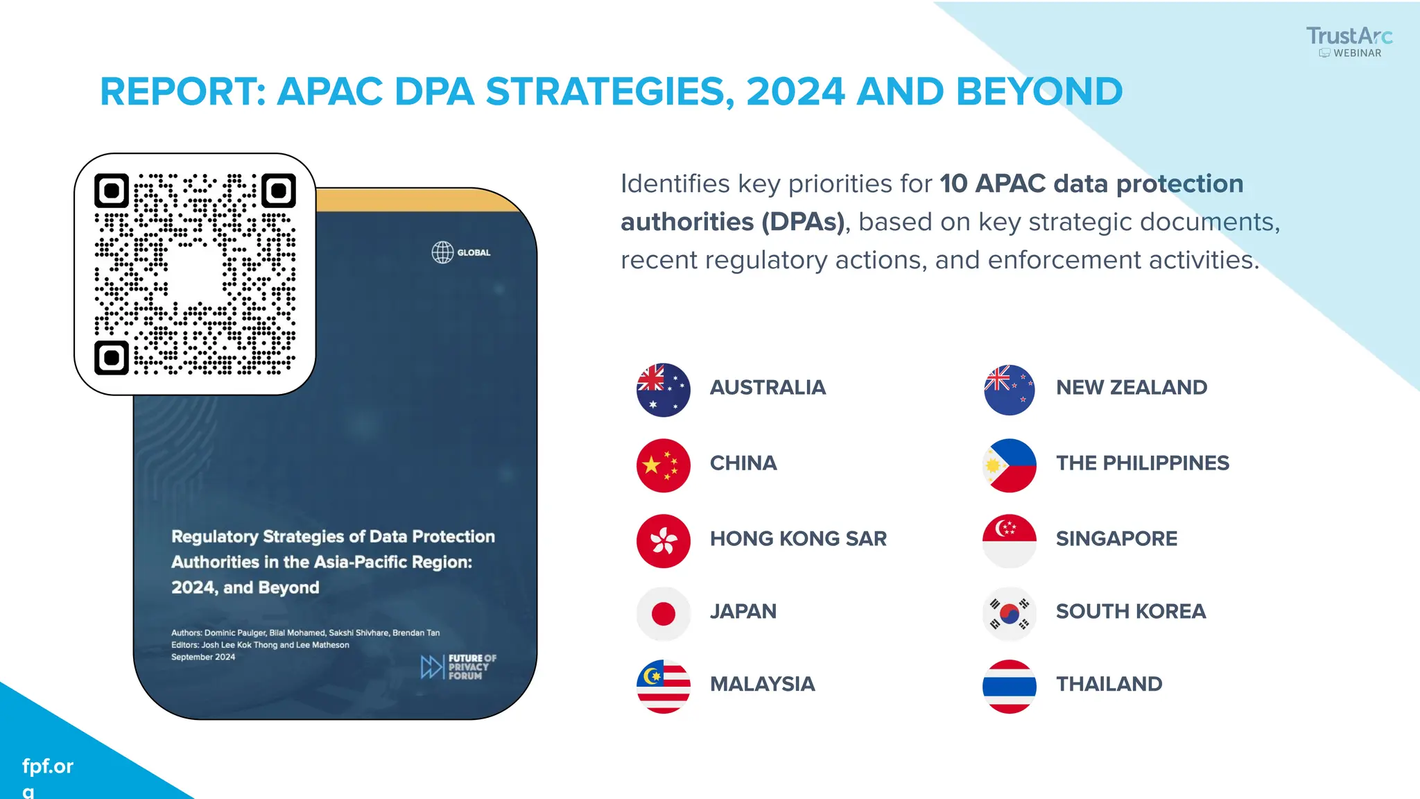 Identiﬁes key priorities for 10 APAC data protection
authorities (DPAs), based on key strategic documents,
recent regulatory actions, and enforcement activities.
fpf.org
AUSTRALIA
CHINA
JAPAN
HONG KONG SAR
MALAYSIA
NEW ZEALAND
THE PHILIPPINES
SOUTH KOREA
SINGAPORE
THAILAND
REPORT: APAC DPA STRATEGIES, 2024 AND BEYOND
fpf.or
g
 