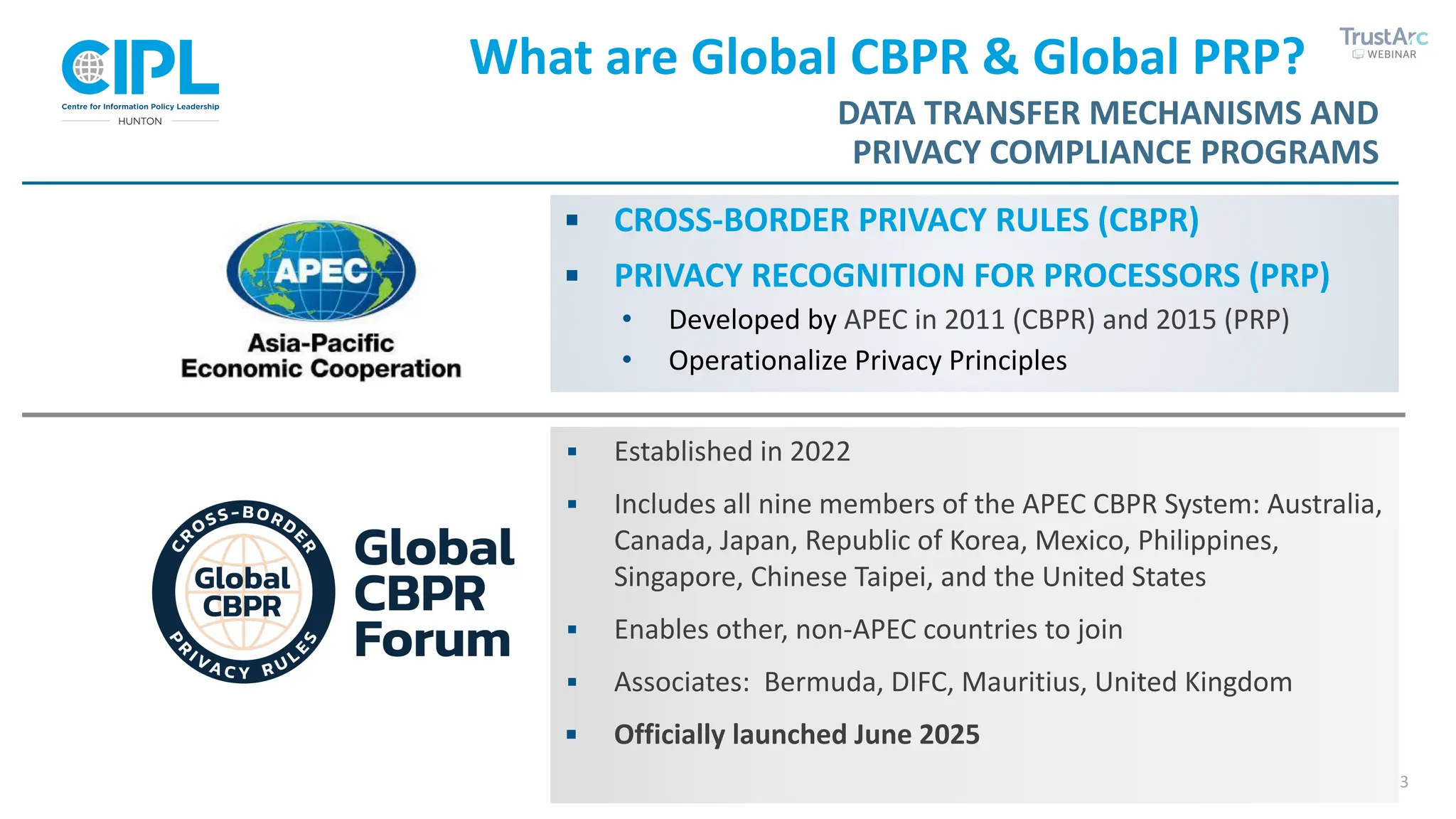 23
▪ CROSS-BORDER PRIVACY RULES (CBPR)
▪ PRIVACY RECOGNITION FOR PROCESSORS (PRP)
• Developed by APEC in 2011 (CBPR) and 2015 (PRP)
• Operationalize Privacy Principles
DATA TRANSFER MECHANISMS AND
PRIVACY COMPLIANCE PROGRAMS
What are Global CBPR & Global PRP?
▪ Established in 2022
▪ Includes all nine members of the APEC CBPR System: Australia,
Canada, Japan, Republic of Korea, Mexico, Philippines,
Singapore, Chinese Taipei, and the United States
▪ Enables other, non-APEC countries to join
▪ Associates: Bermuda, DIFC, Mauritius, United Kingdom
▪ Officially launched June 2025
 