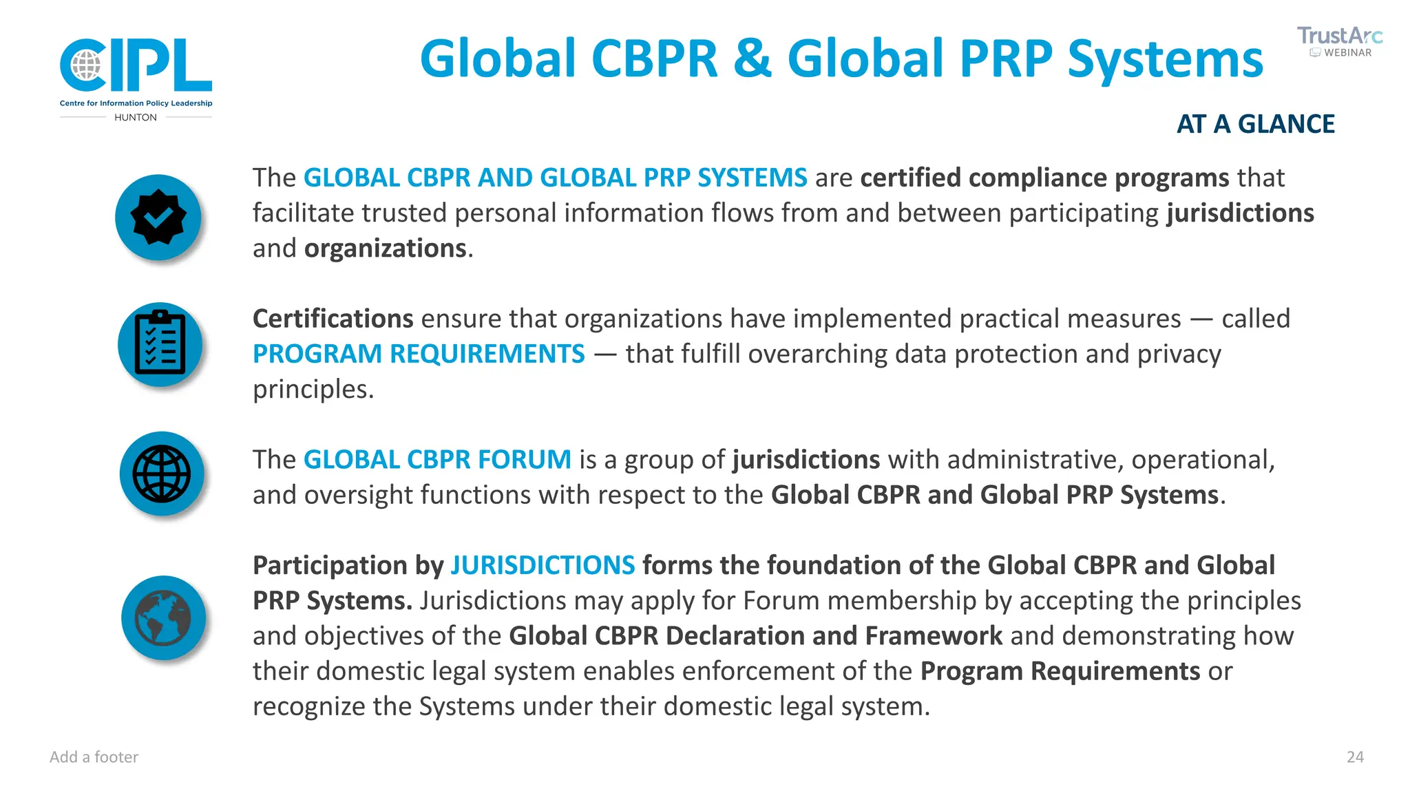 Add a footer 24
AT A GLANCE
Global CBPR & Global PRP Systems
The GLOBAL CBPR AND GLOBAL PRP SYSTEMS are certified compliance programs that
facilitate trusted personal information flows from and between participating jurisdictions
and organizations.
Certifications ensure that organizations have implemented practical measures — called
PROGRAM REQUIREMENTS — that fulfill overarching data protection and privacy
principles.
The GLOBAL CBPR FORUM is a group of jurisdictions with administrative, operational,
and oversight functions with respect to the Global CBPR and Global PRP Systems.
Participation by JURISDICTIONS forms the foundation of the Global CBPR and Global
PRP Systems. Jurisdictions may apply for Forum membership by accepting the principles
and objectives of the Global CBPR Declaration and Framework and demonstrating how
their domestic legal system enables enforcement of the Program Requirements or
recognize the Systems under their domestic legal system.
 