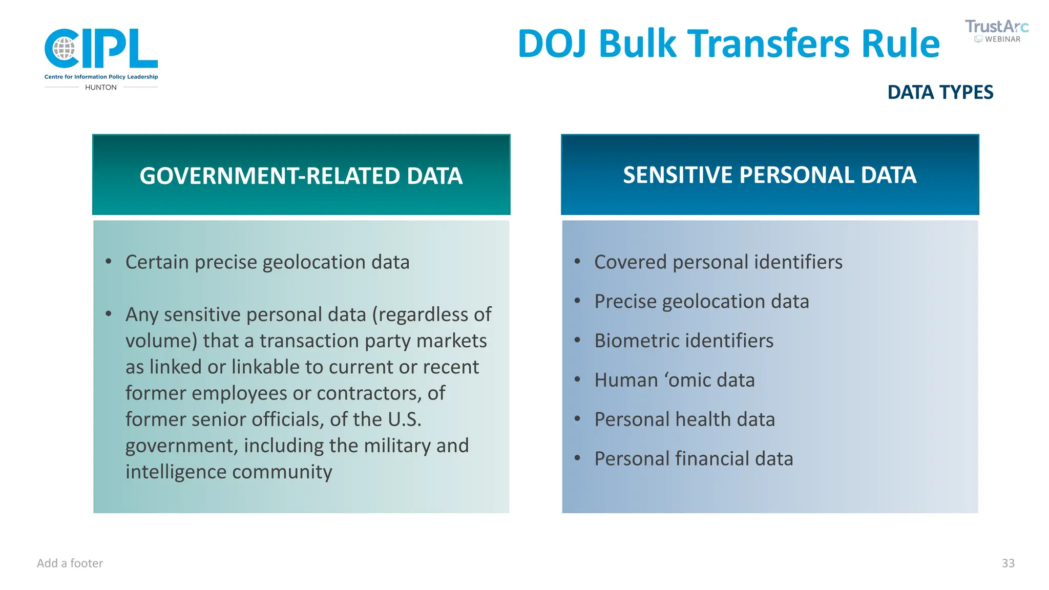 Add a footer 33
DATA TYPES
DOJ Bulk Transfers Rule
GOVERNMENT-RELATED DATA SENSITIVE PERSONAL DATA
• Certain precise geolocation data
• Any sensitive personal data (regardless of
volume) that a transaction party markets
as linked or linkable to current or recent
former employees or contractors, of
former senior officials, of the U.S.
government, including the military and
intelligence community
• Covered personal identifiers
• Precise geolocation data
• Biometric identifiers
• Human ‘omic data
• Personal health data
• Personal financial data
 