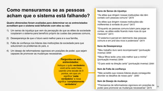 Como mensuramos se as pessoas
acham que o sistema está falhando?
Quatro dimensões foram avaliadas para determinar se os entrevistados
acreditam que o sistema está falhando com eles ou não:
1) Um senso de injustiça que vem da percepção de que as elites da sociedade
cooptaram o sistema para benefício próprio às custas das pessoas comuns,
2) Desesperança de que o futuro será melhor para si e sua família,
3) Falta de confiança nos líderes das instituições da sociedade para que
solucionem os problemas do país, e
4) Um desejo de reformadores vigorosos em posições de poder, que sejam
capazes de promover as mudanças necessárias.
90
Indique o quão verdadeira
você acha cada frase,
usando uma escala de 9
pontos, em que um
significa “nada
verdadeira” e nove
significa “completamente
verdadeira”.
Itens de Senso de injustiça
“As elites que dirigem nossas instituições não têm
contato com pessoas comuns” Q678
“As elites que dirigem nossas instituições são
indiferentes à vontade do povo” Q672
“Enquanto as pessoas comuns lutam para pagar as
contas, as elites estão ficando mais ricas do que
merecem” Q673
“O sistema é parcial em detrimento das pessoas
comuns e em prol dos ricos e poderosos” Q674
Itens de Desesperança
“Meu trabalho duro será recompensado” (pontuação
inversa) Q688
“Meus filhos terão uma vida melhor que a minha”
(pontuação inversa) Q689
“O país está na direção certa” (pontuação inversa) Q690
Item de Falta de confiança
“Não acredito que nossos líderes atuais conseguirão
abordar os desafios de nosso país” Q680
Item de Desejo de mudança
“Precisamos de reformadores vigorosos em posições de
poder para promover as mudanças necessárias” Q679
Perguntou-se aos
entrevistados:
 