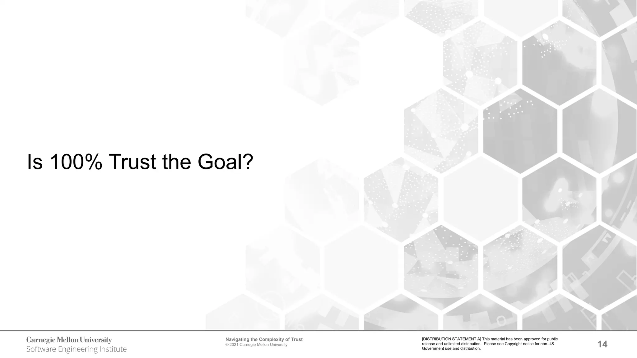14
Navigating the Complexity of Trust
© 2021 Carnegie Mellon University
[DISTRIBUTION STATEMENT A] This material has been approved for public
release and unlimited distribution. Please see Copyright notice for non-US
Government use and distribution.
Is 100% Trust the Goal?
 