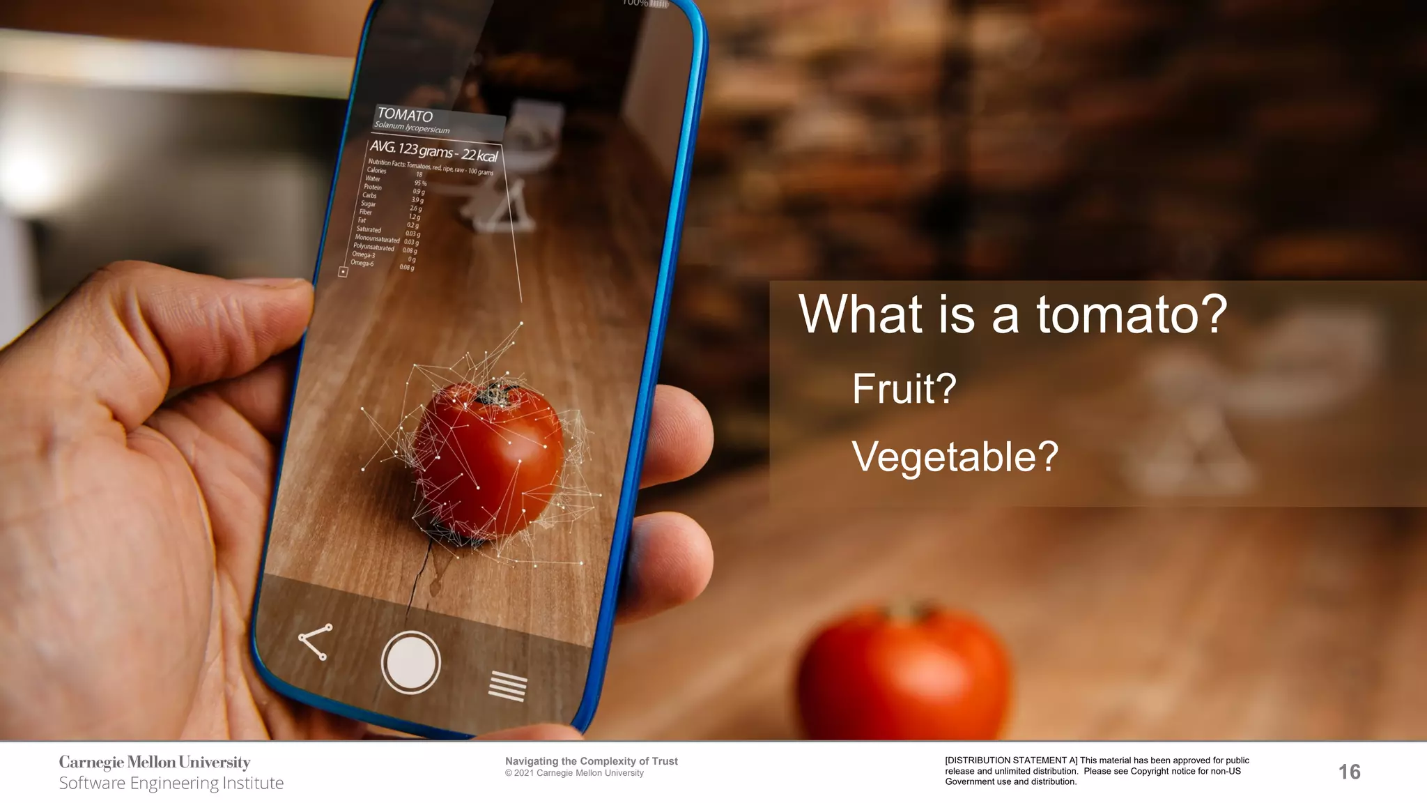 16
Navigating the Complexity of Trust
© 2021 Carnegie Mellon University
[DISTRIBUTION STATEMENT A] This material has been approved for public
release and unlimited distribution. Please see Copyright notice for non-US
Government use and distribution.
What is a tomato?
Fruit?
Vegetable?
 