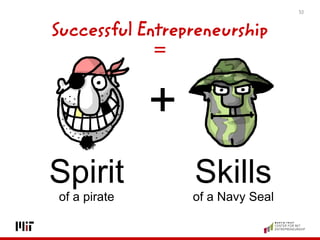 Successful Entrepreneurship= 
Spiritof a pirate 
Skillsof a Navy Seal 
30 
+  