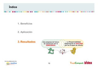 Índice




                                      1.  Beneficios


                                      2.  Aplicación



                                      3.  Resultados




Con	
  la	
  colaboración	
  de	
  
                                                       10   TrustCompass	
  
 