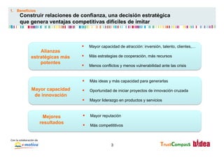1.  Beneficios
           Construir relaciones de confianza, una decisión estratégica
           que genera ventajas competitivas difíciles de imitar



                                                   §     Mayor capacidad de atracción: inversión, talento, clientes,…
                             Alianzas
                         estratégicas más          §     Más estrategias de cooperación, más recursos
                             potentes
                                                   §     Menos conflictos y menos vulnerabilidad ante las crisis


                                                   §     Más ideas y más capacidad para generarlas

                          Mayor capacidad          §     Oportunidad de iniciar proyectos de innovación cruzada
                           de innovación
                                                   §     Mayor liderazgo en productos y servicios



                                       Mejores      §    Mayor reputación
                                      resultados
                                                    §    Más competititivos


Con	
  la	
  colaboración	
  de	
  
                                                                      3                           TrustCompass	
  
 