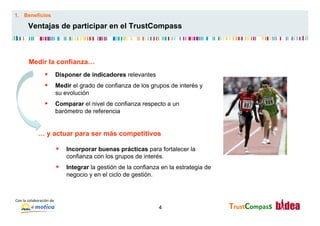 1.  Beneficios

           Ventajas de participar en el TrustCompass



           Medir la confianza…
                         §  Disponer de indicadores relevantes
                         §  Medir el grado de confianza de los grupos de interés y
                                      su evolución
                         §  Comparar el nivel de confianza respecto a un
                                      barómetro de referencia


                    … y actuar para ser más competitivos

                                      §  Incorporar buenas prácticas para fortalecer la
                                          confianza con los grupos de interés.
                                      §  Integrar la gestión de la confianza en la estrategia de
                                          negocio y en el ciclo de gestión.



Con	
  la	
  colaboración	
  de	
  
                                                                              4                     TrustCompass	
  
 