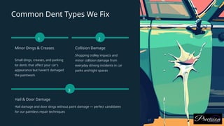 Common Dent Types We Fix
1
Minor Dings & Creases
Small dings, creases, and parking
lot dents that affect your car's
appearance but haven't damaged
the paintwork
2
Collision Damage
Shopping trolley impacts and
minor collision damage from
everyday driving incidents in car
parks and tight spaces
3
Hail & Door Damage
Hail damage and door dings without paint damage — perfect candidates
for our paintless repair techniques
 