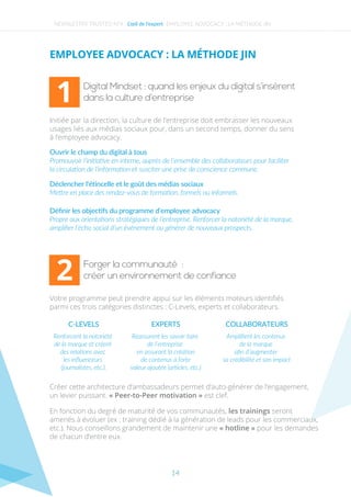 Digital Mindset : quand les enjeux du digital s’insèrent
dans la culture d’entreprise
Initiée par la direction, la culture de l’entreprise doit embrasser les nouveaux
usages liés aux médias sociaux pour, dans un second temps, donner du sens
à l’employee advocacy.
Créer cette architecture d’ambassadeurs permet d’auto-générer de l’engagement,
un levier puissant. « Peer-to-Peer motivation » est clef.
En fonction du degré de maturité de vos communautés, les trainings seront
amenés à évoluer (ex : training dédié à la génération de leads pour les commerciaux,
etc.). Nous conseillons grandement de maintenir une « hotline » pour les demandes
de chacun d’entre eux.
Ouvrir le champ du digital à tous
Promouvoir l’initiative en interne, auprès de l’ensemble des collaborateurs pour faciliter
la circulation de l’information et susciter une prise de conscience commune.
Déclencher l’étincelle et le goût des médias sociaux
Mettre en place des rendez-vous de formation, formels ou informels.
Déﬁnir les objectifs du programme d’employee advocacy
Propre aux orientations stratégiques de l’entreprise. Renforcer la notoriété de la marque,
ampliﬁer l’écho social d’un événement ou générer de nouveaux prospects.
NEWSLETTER TRUSTED N°4 - L’œil de l’expert
EMPLOYEE ADVOCACY : LA MÉTHODE JIN
EMPLOYEE ADVOCACY : LA MÉTHODE JIN
1
Forger la communauté :
créer un environnement de confiance
Votre programme peut prendre appui sur les éléments moteurs identiﬁés
parmi ces trois catégories distinctes : C-Levels, experts et collaborateurs.
2
14
C-LEVELS
Renforcent la notoriété
de la marque et créent
des relations avec
les inﬂuenceurs
(journalistes, etc.).
EXPERTS
Réassurent les savoir-faire
de l’entreprise
en assurant la création
de contenus à forte
valeur ajoutée (articles, etc.)
COLLABORATEURS
Ampliﬁent les contenus
de la marque
aﬁn d’augmenter
sa crédibilité et son impact
 