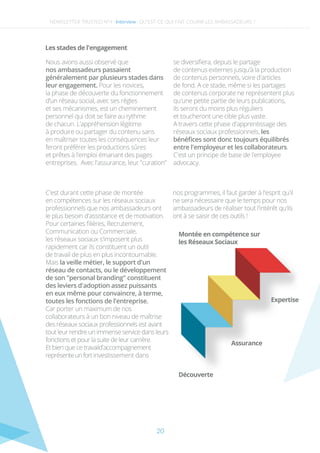 NEWSLETTER TRUSTED N°4 -Interview-
Les stades de l'engagement
C'est durant cette phase de montée
en compétences sur les réseaux sociaux
professionnels que nos ambassadeurs ont
le plus besoin d'assistance et de motivation.
Pour certaines ﬁlières, Recrutement,
Communication ou Commerciale,
les réseaux sociaux s'imposent plus
rapidement car ils constituent un outil
de travail de plus en plus incontournable.
Mais la veille métier, le support d'un
réseau de contacts, ou le développement
de son "personal branding" constituent
des leviers d'adoption assez puissants
en eux même pour convaincre, à terme,
toutes les fonctions de l'entreprise.
Car porter un maximum de nos
collaborateurs à un bon niveau de maîtrise
des réseaux sociaux professionnels est avant
tout leur rendre un immense service dans leurs
fonctions et pour la suite de leur carrière.
Et bien que ce travaild'accompagnement
représenteunfortinvestissement dans
nos programmes, il faut garder à l'esprit qu'il
ne sera nécessaire que le temps pour nos
ambassadeurs de réaliser tout l'intérêt qu'ils
ont à se saisir de ces outils !
Nous avons aussi observé que
nos ambassadeurs passaient
généralement par plusieurs stades dans
leur engagement. Pour les novices,
la phase de découverte du fonctionnement
d’un réseau social, avec ses règles
et ses mécanismes, est un cheminement
personnel qui doit se faire au rythme
de chacun. L’appréhension légitime
à produire ou partager du contenu sans
en maîtriser toutes les conséquences leur
feront préférer les productions sûres
et prêtes à l'emploi émanant des pages
entreprises. Avec l'assurance, leur "curation"
se diversiﬁera, depuis le partage
de contenus externes jusqu'à la production
de contenus personnels, voire d'articles
de fond. A ce stade, même si les partages
de contenus corporate ne représentent plus
qu'une petite partie de leurs publications,
ils seront du moins plus réguliers
et toucheront une cible plus vaste.
A travers cette phase d'apprentissage des
réseaux sociaux professionnels, les
bénéﬁces sont donc toujours équilibrés
entre l'employeur et les collaborateurs.
C'est un principe de base de l'employee
advocacy.
QU’EST-CE QUI FAIT COURIR LES AMBASSADEURS ?
Découverte
Montée en compétence sur
les Réseaux Sociaux
Assurance
Expertise
20
 