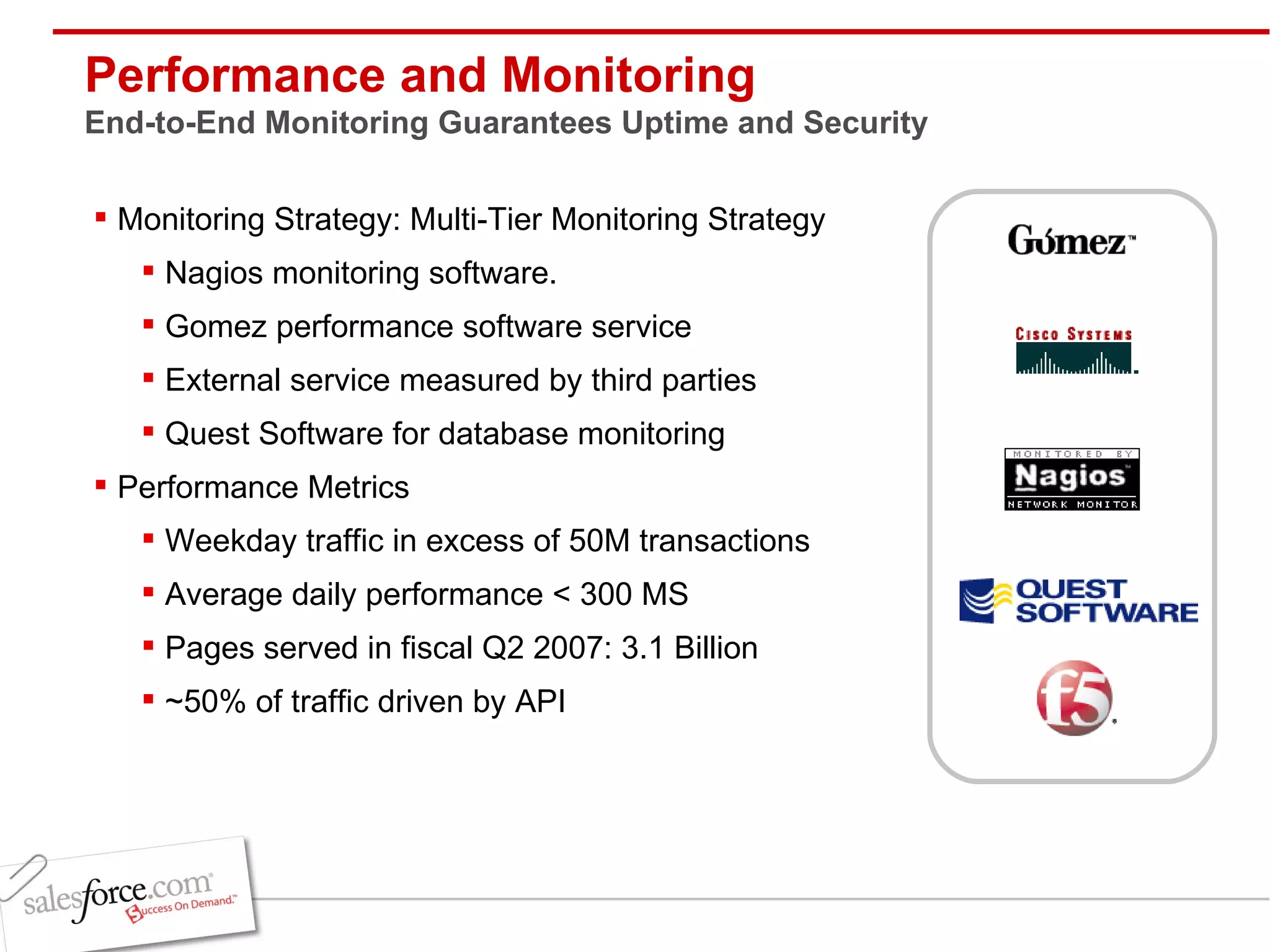 Performance and Monitoring End-to-End Monitoring Guarantees Uptime and Security Monitoring Strategy: Multi-Tier Monitoring Strategy Nagios monitoring software. Gomez performance software service External service measured by third parties Quest Software for database monitoring Performance Metrics Weekday traffic in excess of 50M transactions Average daily performance < 300 MS Pages served in fiscal Q2 2007: 3.1 Billion ~50% of traffic driven by API 