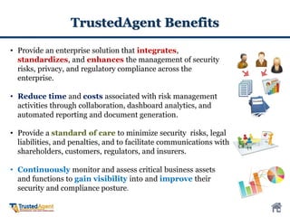 TrustedAgent Benefits
• Provide an enterprise solution that integrates,
standardizes, and enhances the management of security
risks, privacy, and regulatory compliance across the
enterprise.
• Reduce time and costs associated with risk management
activities through collaboration, dashboard analytics, and
automated reporting and document generation.
• Provide a standard of care to minimize security risks, legal
liabilities, and penalties, and to facilitate communications with
shareholders, customers, regulators, and insurers.
• Continuously monitor and assess critical business assets
and functions to gain visibility into and improve their
security and compliance posture.
 