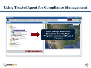 Using TrustedAgent for Compliance Management
Step 1. Manage Assessment
Entities for Systems, Sites,
Programs, Vendors, Audits, and
Processes
 