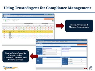 Using TrustedAgent for Compliance Management
Step 3. Create and
Manage Assessments
Step 4. Setup Security
Categorization,
Common Controls, and
Control Groups
 