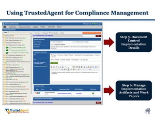 Using TrustedAgent for Compliance Management
Step 5. Document
Control
Implementation
Details
Step 6. Manage
Implementation
Artifacts and Work
Papers
 