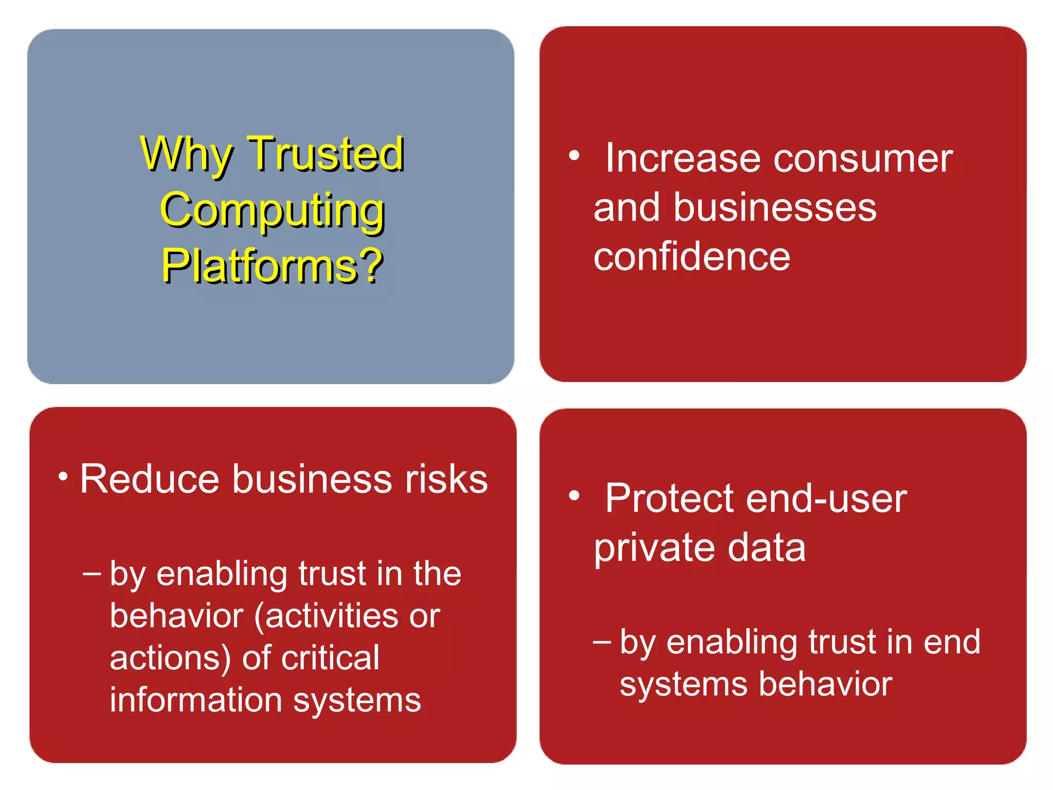 • Increase consumer
and businesses
confidence
• Protect end-user
private data
– by enabling trust in end
systems behavior
• Reduce business risks
– by enabling trust in the
behavior (activities or
actions) of critical
information systems
Why TrustedWhy Trusted
ComputingComputing
Platforms?Platforms?
 