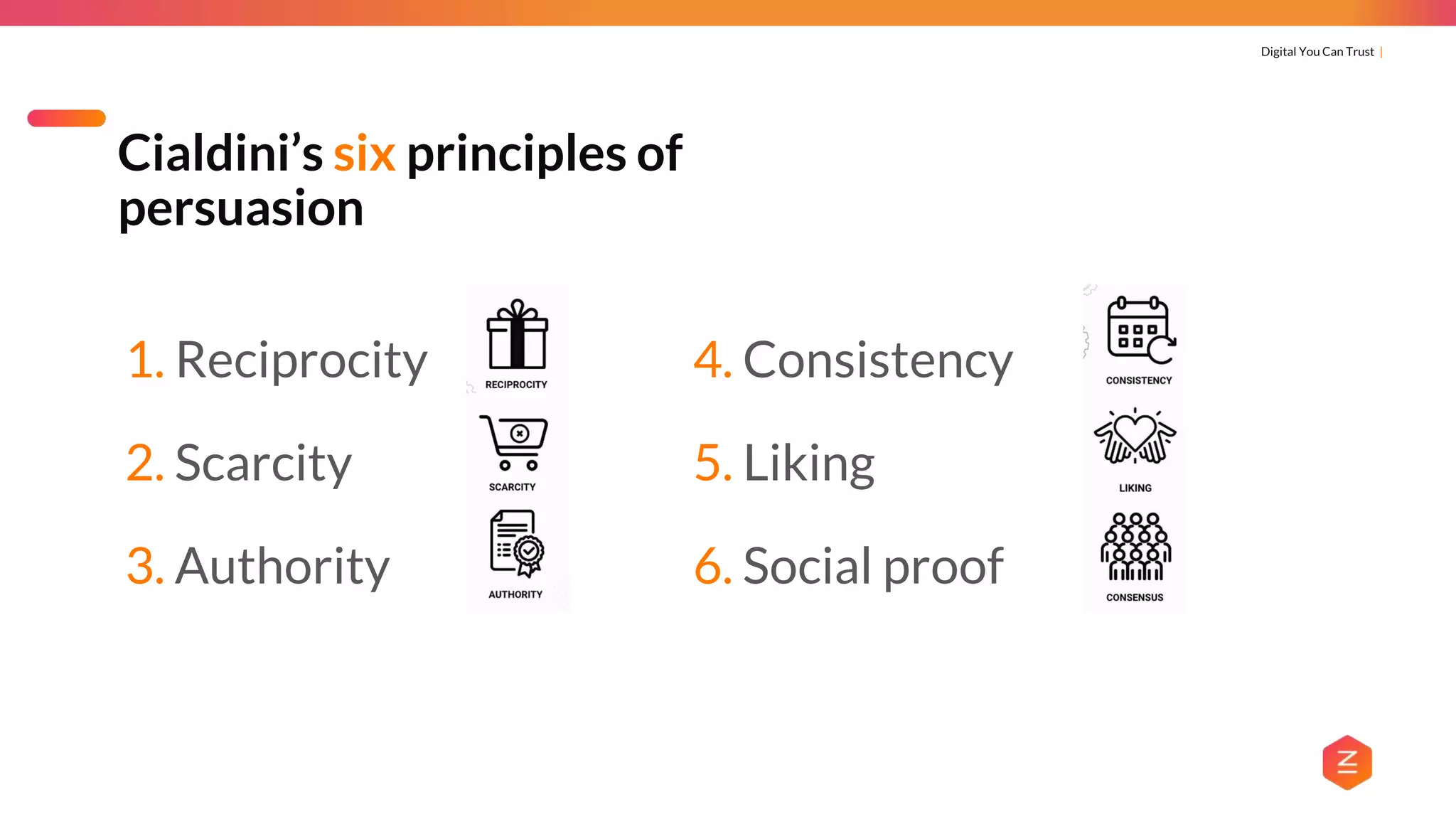 Digital You Can Trust |
Cialdini’s six principles of
persuasion
4. Consistency
5. Liking
6. Social proof
1. Reciprocity
2. Scarcity
3. Authority
 
