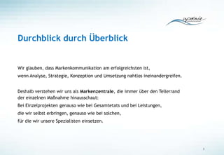 Durchblick durch Überblick
Wir glauben, dass Markenkommunikation am erfolgreichsten ist,
wenn Analyse, Strategie, Konzeption und Umsetzung nahtlos ineinandergreifen.
Deshalb verstehen wir uns als Markenzentrale, die immer über den Tellerrand
der einzelnen Maßnahme hinausschaut:
Bei Einzelprojekten genauso wie bei Gesamtetats und bei Leistungen,
die wir selbst erbringen, genauso wie bei solchen,
für die wir unsere Spezialisten einsetzen.
3
 
