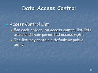 101010
Data Access Control
 Access Control List
 For each object, An access control list lists
users and their permitted access right.
 The list may contain a default or public
entry.
 