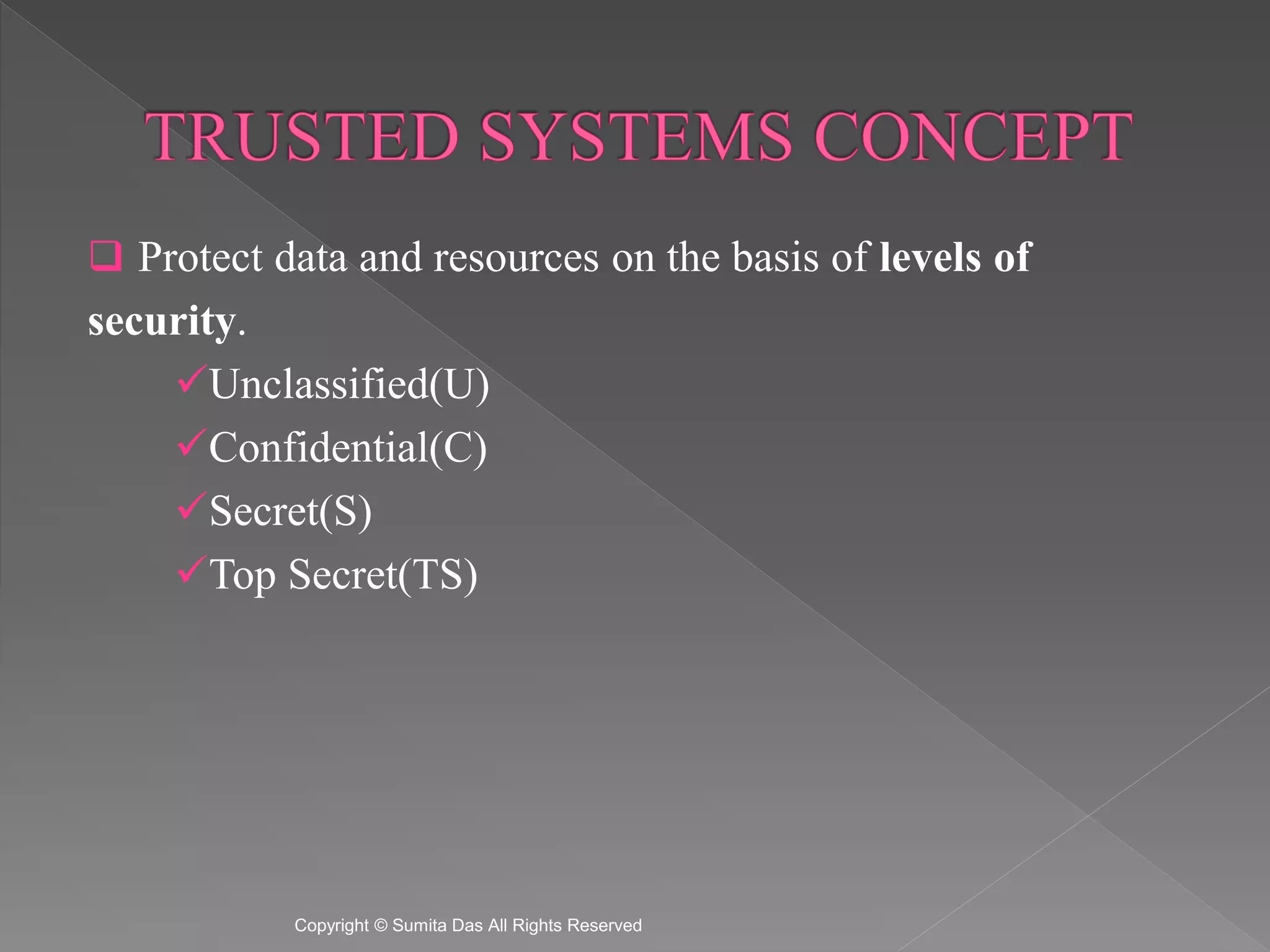  Protect data and resources on the basis of levels of
security.
Unclassified(U)
Confidential(C)
Secret(S)
Top Secret(TS)
Created by Sumita Das