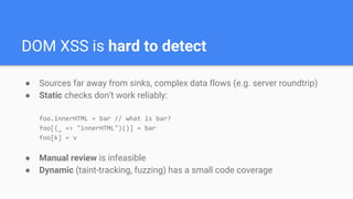 ● Sources far away from sinks, complex data flows (e.g. server roundtrip)
● Static checks don’t work reliably:
foo.innerHTML = bar // what is bar?
foo[(_ => "innerHTML")()] = bar
foo[k] = v
● Manual review is infeasible
● Dynamic (taint-tracking, fuzzing) has a small code coverage
DOM XSS is hard to detect
 