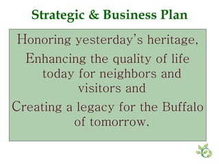 Strategic & Business Plan H onoring yesterday’s heritage, E nhancing the quality of life today for neighbors and visitors and C reating a legacy for the Buffalo of tomorrow. 