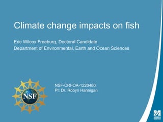 Climate change impacts on fish
  Eric Wilcox Freeburg, Doctoral Candidate
  Department of Environmental, Earth and Ocean Sciences




                           NSF-CRI-OA-1220480
                           PI: Dr. Robyn Hannigan




Eric Wilcox Freeburg | eric.freeburg001@umb.edu February 26, 2013
 