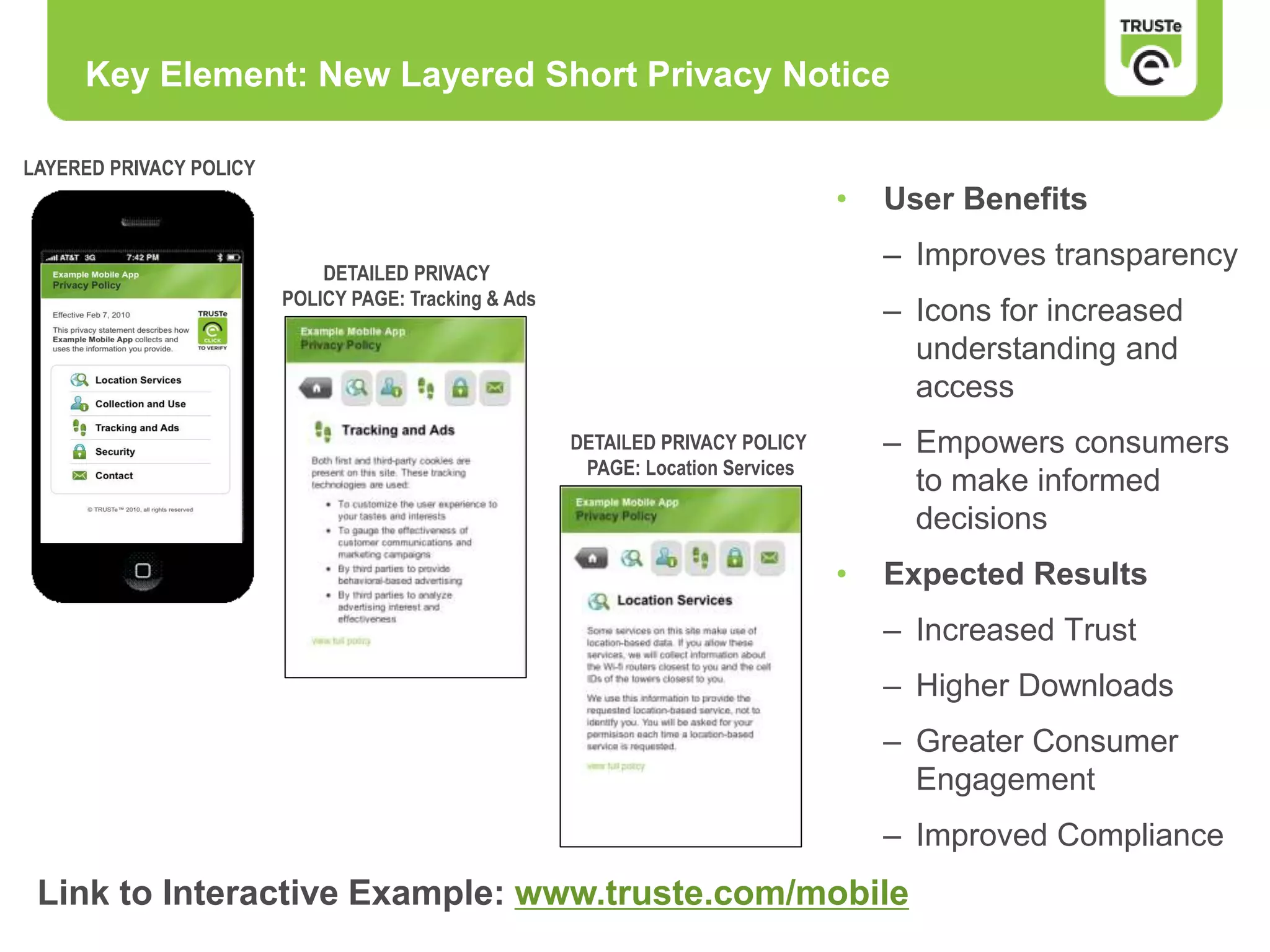 Key Element: New Layered Short Privacy Notice
• User Benefits
– Improves transparency
– Icons for increased
understanding and
access
– Empowers consumers
to make informed
decisions
• Expected Results
– Increased Trust
– Higher Downloads
– Greater Consumer
Engagement
– Improved Compliance
Link to Interactive Example: www.truste.com/mobile
LAYERED PRIVACY POLICY
DETAILED PRIVACY POLICY
PAGE: Location Services
DETAILED PRIVACY
POLICY PAGE: Tracking & Ads
 
