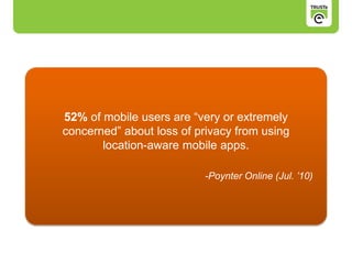 52% of mobile users are “very or extremely
concerned” about loss of privacy from using
location-aware mobile apps.
-Poynter Online (Jul. ’10)
 