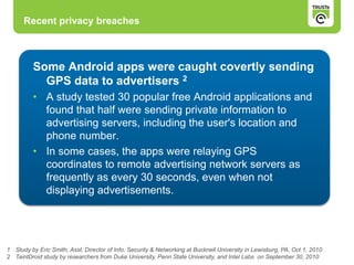Recent privacy breaches
1 Study by Eric Smith, Asst. Director of Info. Security & Networking at Bucknell University in Lewisburg, PA, Oct 1, 2010
2 TaintDroid study by researchers from Duke University, Penn State University, and Intel Labs on September 30, 2010
Some Android apps were caught covertly sending
GPS data to advertisers 2
• A study tested 30 popular free Android applications and
found that half were sending private information to
advertising servers, including the user's location and
phone number.
• In some cases, the apps were relaying GPS
coordinates to remote advertising network servers as
frequently as every 30 seconds, even when not
displaying advertisements.
 