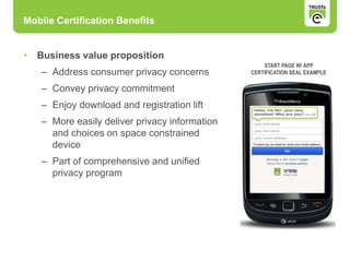 Mobile Certification Benefits
• Business value proposition
– Address consumer privacy concerns
– Convey privacy commitment
– Enjoy download and registration lift
– More easily deliver privacy information
and choices on space constrained
device
– Part of comprehensive and unified
privacy program
START PAGE W/ APP
CERTIFICATION SEAL EXAMPLE
 