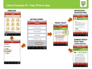 Client Example #1: Yelp iPhone App
SETTINGS SCREEN
CERTIFICATION
VALIDATION PAGE
PRIVACY POLICY
SUMMARY PRIVACY
POLICY PAGE –
Location Services
HOME PAGE
 