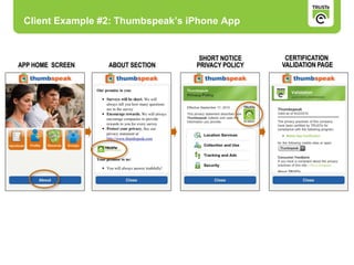 Client Example #2: Thumbspeak’s iPhone App
APP HOME SCREEN ABOUT SECTION
SHORT NOTICE
PRIVACY POLICY
CERTIFICATION
VALIDATION PAGE
 
