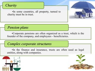 Page  11
•In some countries, all property, turned to
charity must be in trust.
Charity
•Corporate pensions are often organized as a trust, which is the
founder of the company, and employees - beneficiaries.
Pension plans
•In the finance and insurance, trusts are often used as legal
entities, along with companies.
Complex corporate structures
 