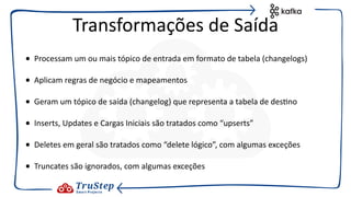 • Processam um ou mais tópico de entrada em formato de tabela (changelogs)
• Aplicam regras de negócio e mapeamentos
• Geram um tópico de saída (changelog) que representa a tabela de des@no
• Inserts, Updates e Cargas Iniciais são tratados como “upserts”
• Deletes em geral são tratados como “delete lógico”, com algumas exceções
• Truncates são ignorados, com algumas exceções
Transformações de Saída
 