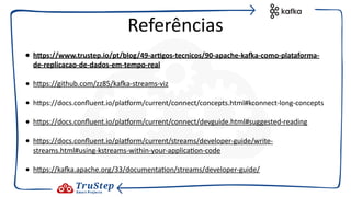 • h:ps://www.trustep.io/pt/blog/49-arEgos-tecnicos/90-apache-ka=a-como-plataforma-
de-replicacao-de-dados-em-tempo-real
• h}ps://github.com/zz85/kaEa-streams-viz
• h}ps://docs.conﬂuent.io/pla~orm/current/connect/concepts.html#kconnect-long-concepts
• h}ps://docs.conﬂuent.io/pla~orm/current/connect/devguide.html#suggested-reading
• h}ps://docs.conﬂuent.io/pla~orm/current/streams/developer-guide/write-
streams.html#using-kstreams-within-your-applica@on-code
• h}ps://kaEa.apache.org/33/documenta@on/streams/developer-guide/
Referências
 