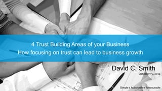 4 Trust Building Areas of your Business 
How focusing on trust can lead to business growth 
Simple l Actionable l Measurable 
Copyright © 2014, Valens Point LLC - Confidential and Proprietary 
David C. Smith 
October 15, 2014 
Simple l Actionable l Measurable 
 
