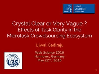 Crystal Clear or Very Vague ?
Effects of Task Clarity in the
Microtask Crowdsourcing Ecosystem
Ujwal Gadiraju
Web Science 2016
Hannover, Germany
May 22nd
, 2016
1
 