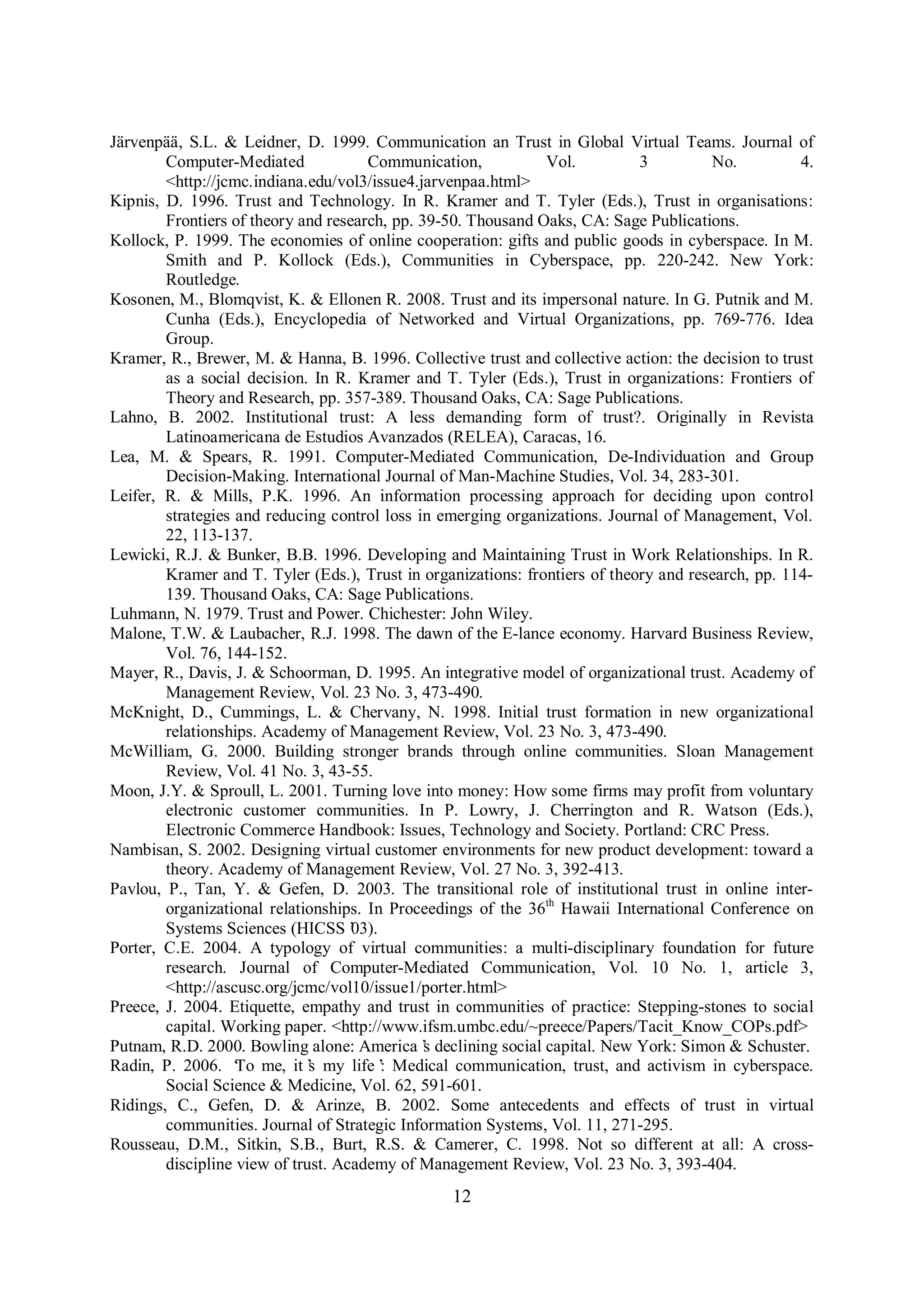 12
Järvenpää, S.L. & Leidner, D. 1999. Communication an Trust in Global Virtual Teams. Journal of
Computer-Mediated Communication, Vol. 3 No. 4.
<http://jcmc.indiana.edu/vol3/issue4.jarvenpaa.html>
Kipnis, D. 1996. Trust and Technology. In R. Kramer and T. Tyler (Eds.), Trust in organisations:
Frontiers of theory and research, pp. 39-50. Thousand Oaks, CA: Sage Publications.
Kollock, P. 1999. The economies of online cooperation: gifts and public goods in cyberspace. In M.
Smith and P. Kollock (Eds.), Communities in Cyberspace, pp. 220-242. New York:
Routledge.
Kosonen, M., Blomqvist, K. & Ellonen R. 2008. Trust and its impersonal nature. In G. Putnik and M.
Cunha (Eds.), Encyclopedia of Networked and Virtual Organizations, pp. 769-776. Idea
Group.
Kramer, R., Brewer, M. & Hanna, B. 1996. Collective trust and collective action: the decision to trust
as a social decision. In R. Kramer and T. Tyler (Eds.), Trust in organizations: Frontiers of
Theory and Research, pp. 357-389. Thousand Oaks, CA: Sage Publications.
Lahno, B. 2002. Institutional trust: A less demanding form of trust?. Originally in Revista
Latinoamericana de Estudios Avanzados (RELEA), Caracas, 16.
Lea, M. & Spears, R. 1991. Computer-Mediated Communication, De-Individuation and Group
Decision-Making. International Journal of Man-Machine Studies, Vol. 34, 283-301.
Leifer, R. & Mills, P.K. 1996. An information processing approach for deciding upon control
strategies and reducing control loss in emerging organizations. Journal of Management, Vol.
22, 113-137.
Lewicki, R.J. & Bunker, B.B. 1996. Developing and Maintaining Trust in Work Relationships. In R.
Kramer and T. Tyler (Eds.), Trust in organizations: frontiers of theory and research, pp. 114-
139. Thousand Oaks, CA: Sage Publications.
Luhmann, N. 1979. Trust and Power. Chichester: John Wiley.
Malone, T.W. & Laubacher, R.J. 1998. The dawn of the E-lance economy. Harvard Business Review,
Vol. 76, 144-152.
Mayer, R., Davis, J. & Schoorman, D. 1995. An integrative model of organizational trust. Academy of
Management Review, Vol. 23 No. 3, 473-490.
McKnight, D., Cummings, L. & Chervany, N. 1998. Initial trust formation in new organizational
relationships. Academy of Management Review, Vol. 23 No. 3, 473-490.
McWilliam, G. 2000. Building stronger brands through online communities. Sloan Management
Review, Vol. 41 No. 3, 43-55.
Moon, J.Y. & Sproull, L. 2001. Turning love into money: How some firms may profit from voluntary
electronic customer communities. In P. Lowry, J. Cherrington and R. Watson (Eds.),
Electronic Commerce Handbook: Issues, Technology and Society. Portland: CRC Press.
Nambisan, S. 2002. Designing virtual customer environments for new product development: toward a
theory. Academy of Management Review, Vol. 27 No. 3, 392-413.
Pavlou, P., Tan, Y. & Gefen, D. 2003. The transitional role of institutional trust in online inter-
organizational relationships. In Proceedings of the 36th
Hawaii International Conference on
Systems Sciences (HICSS’03).
Porter, C.E. 2004. A typology of virtual communities: a multi-disciplinary foundation for future
research. Journal of Computer-Mediated Communication, Vol. 10 No. 1, article 3,
<http://ascusc.org/jcmc/vol10/issue1/porter.html>
Preece, J. 2004. Etiquette, empathy and trust in communities of practice: Stepping-stones to social
capital. Working paper. <http://www.ifsm.umbc.edu/~preece/Papers/Tacit_Know_COPs.pdf>
Putnam, R.D. 2000. Bowling alone: America’s declining social capital. New York: Simon & Schuster.
Radin, P. 2006. ‘To me, it’s my life’: Medical communication, trust, and activism in cyberspace.
Social Science & Medicine, Vol. 62, 591-601.
Ridings, C., Gefen, D. & Arinze, B. 2002. Some antecedents and effects of trust in virtual
communities. Journal of Strategic Information Systems, Vol. 11, 271-295.
Rousseau, D.M., Sitkin, S.B., Burt, R.S. & Camerer, C. 1998. Not so different at all: A cross-
discipline view of trust. Academy of Management Review, Vol. 23 No. 3, 393-404.
 