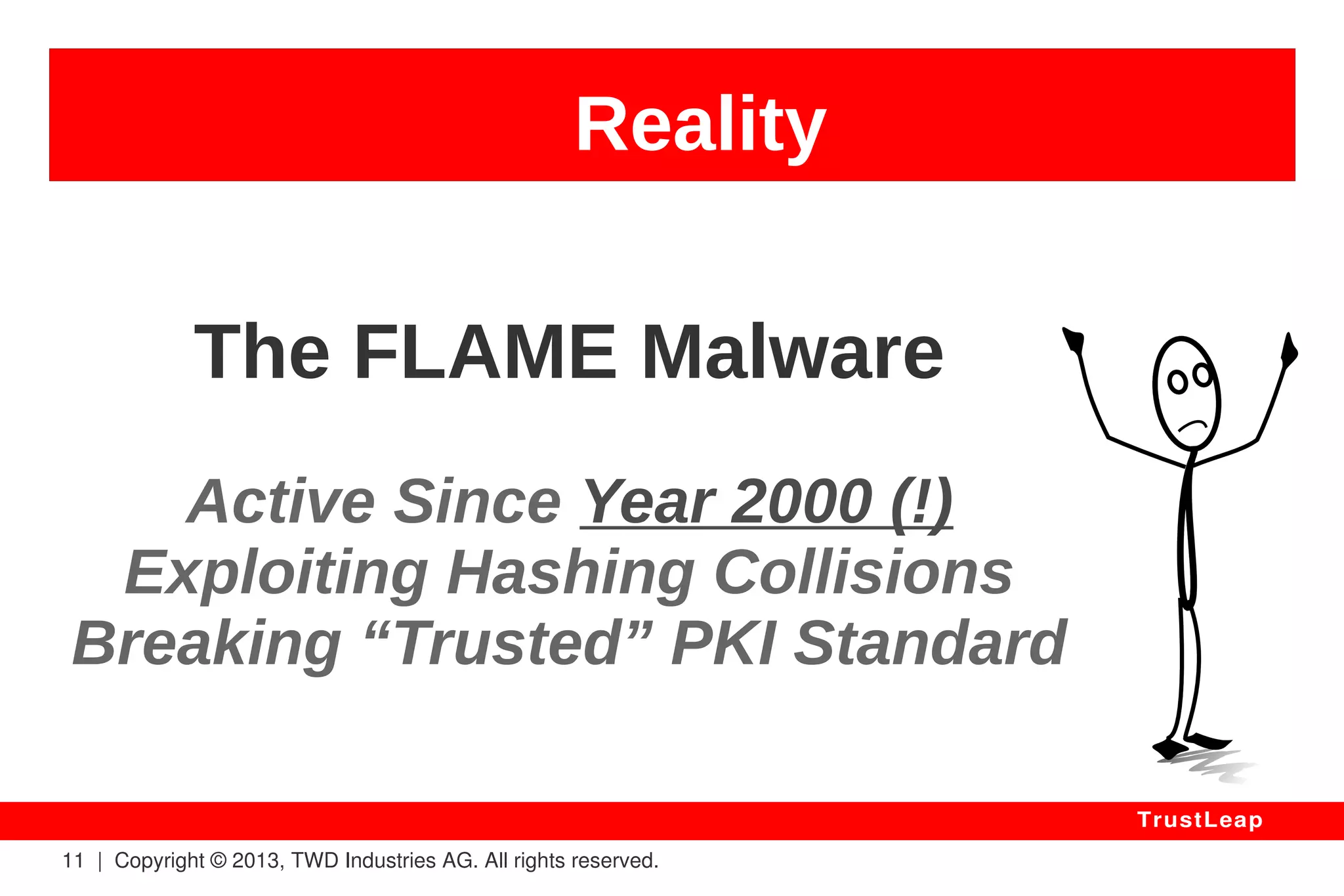 Reality 
11 | Copyright © 2013, TWD Industries AG. All rights reserved. 
TrustLeap 
2013 – 96-bit secret key 
RFID car transponder 
Steal VW, Audi, Bentley, 
Lamborghini & Porsche cars 
as Megamos Crypto is broken. 
– Flavio Garcia 
 