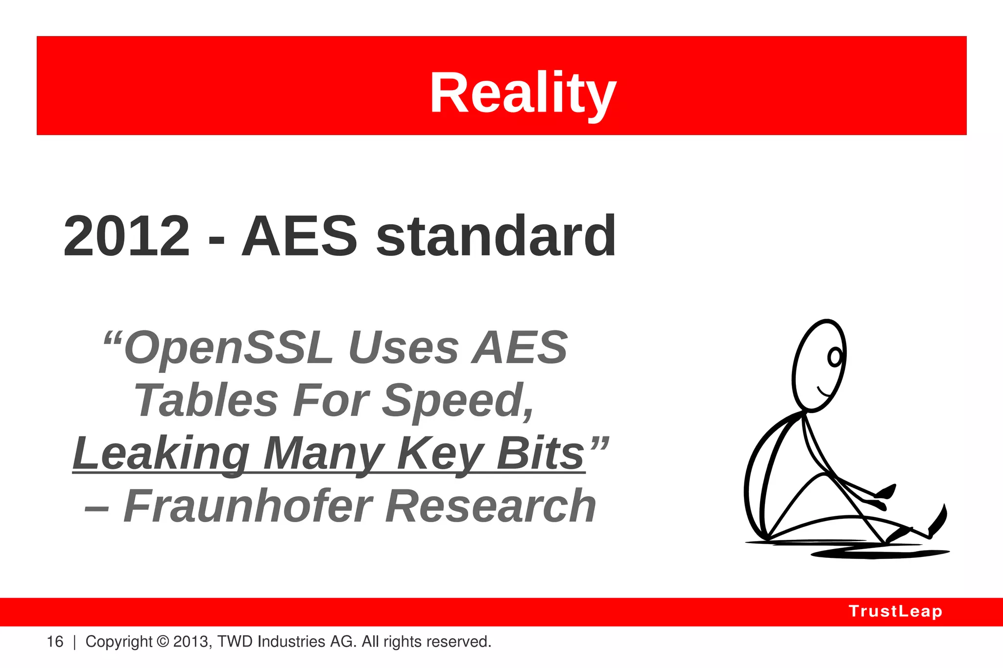 Reality 
16 | Copyright © 2013, TWD Industries AG. All rights reserved. 
TrustLeap 
The FLAME Malware 
Active Since Year 2000 (!) 
Exploiting Hashing Collisions 
Breaking “Trusted” PKI Standard 
 