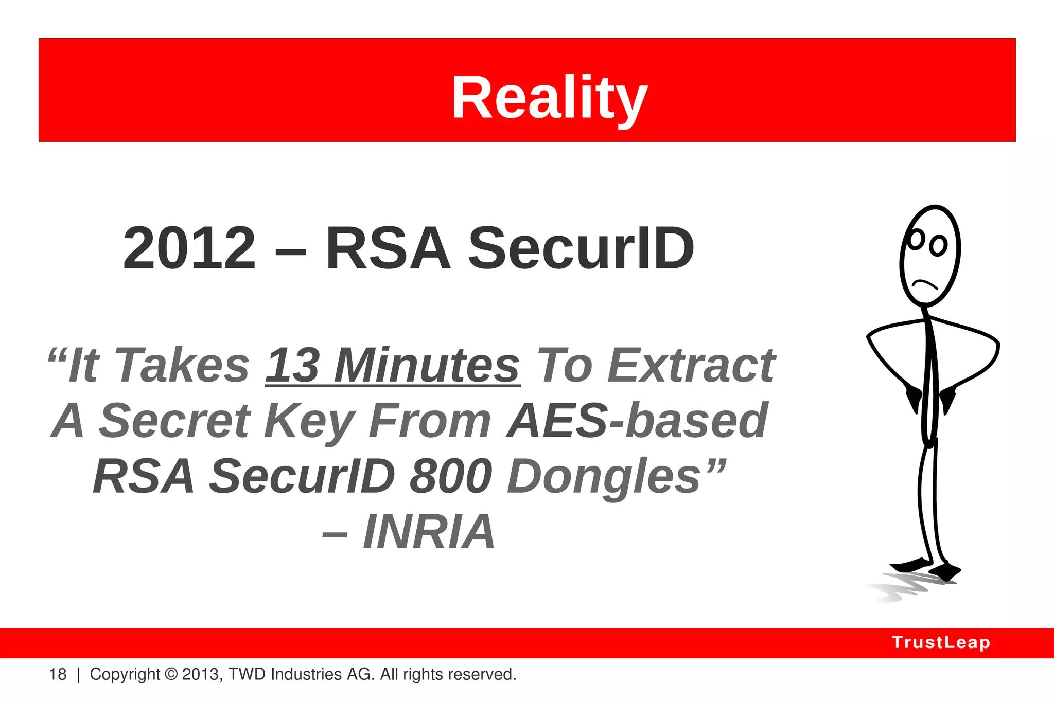 Reality 
18 | Copyright © 2013, TWD Industries AG. All rights reserved. 
TrustLeap 
SSL & TLS standards 
2011 “BEAST exploits CBC IVs” 
2012 “CRIME exploits compression” 
2013 “LUCKY13 exploits decryption” 
 