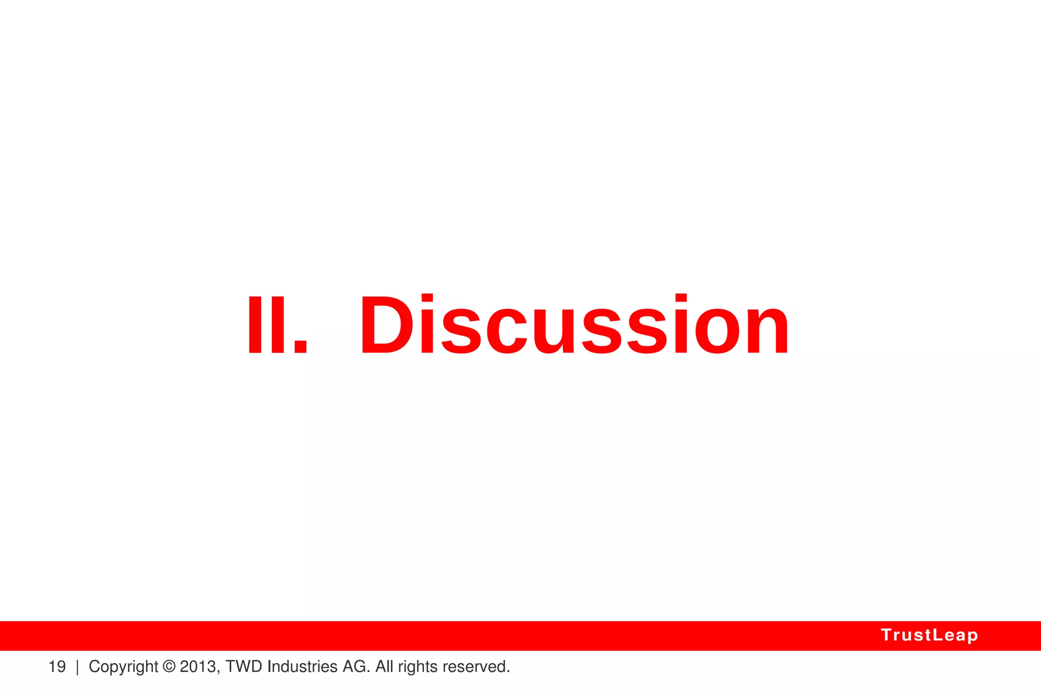 “AES 256-bit Is Safe Even For 
TOP-SECRET Information.” 
– U.S. Government 
19 | Copyright © 2013, TWD Industries AG. All rights reserved. 
TrustLeap 
Promotion 
 