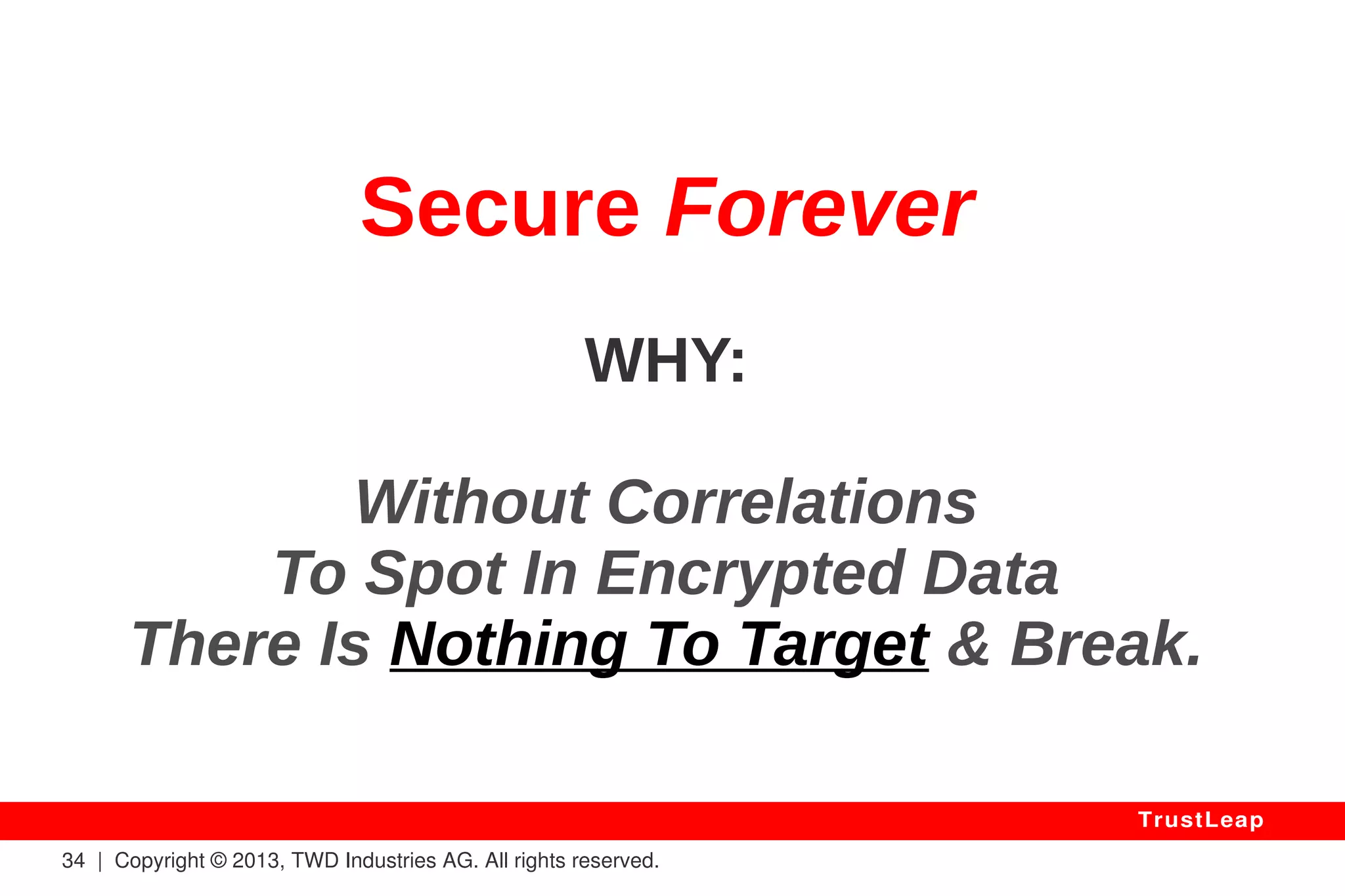 Solutions? 
3 Use Provably-Safe Mathematical Rules 
To Remove All Exploitable Key Leaks 
From Encryption Standard ciphertexts 
(making AES and others provably-safe). 
34 | Copyright © 2013, TWD Industries AG. All rights reserved. 
TrustLeap 
Provably SAFE & CONVENIENT. 
Getting The Best Of Both World! 
 