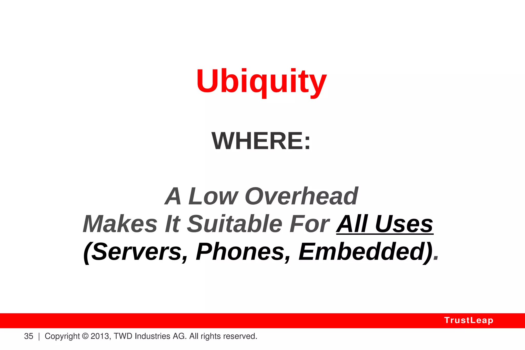 35 | Copyright © 2013, TWD Industries AG. All rights reserved. 
TrustLeap 
III. The Solution 
 