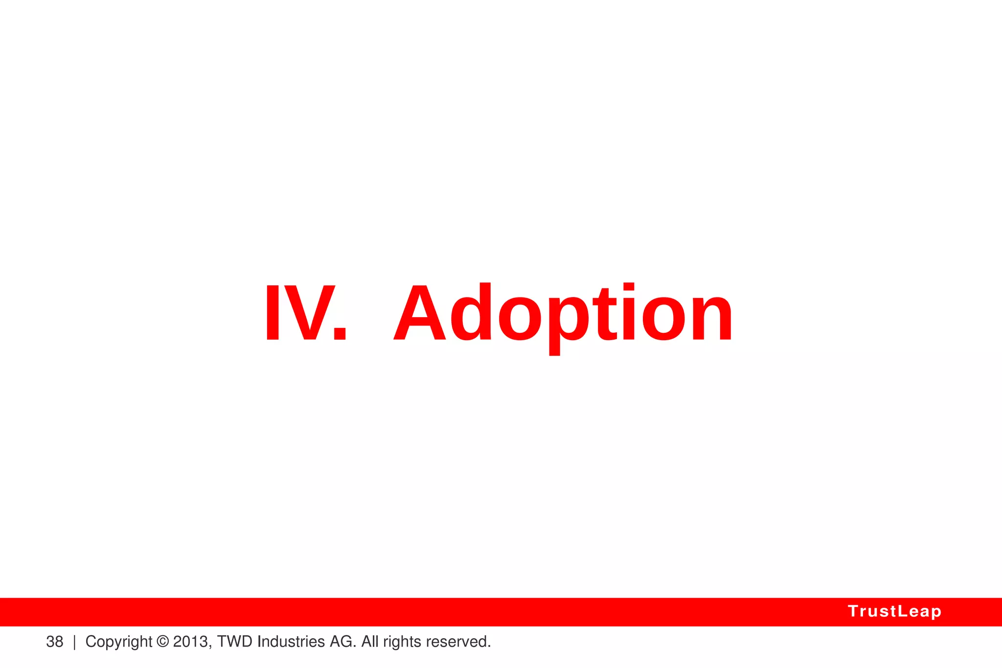 38 | Copyright © 2013, TWD Industries AG. All rights reserved. 
TrustLeap 
Secure Forever 
WHY: 
Without Correlations 
To Spot In Encrypted Data 
There Is Nothing To Target & Break. 
 