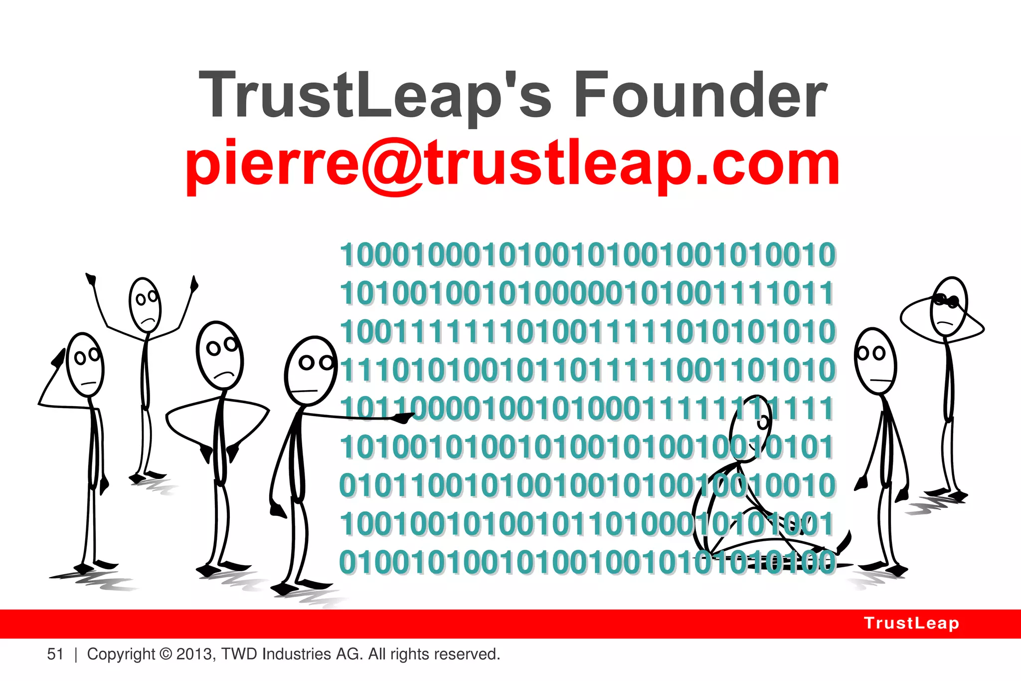 Trust Starts With Identity 
● Email (Data Protection, Negotiations, Board Talks) 
● Routers / Firewalls (How Safe Are Barriers If Broken?) 
● Transactions (Trading, Contracts, Non-Repudiation) 
● Storage (Confidentiality, Tamper-Proof, Full-Control) 
● Defence (Remote Presence / Control, Chain Of Orders) 
● I.P. Rights (What Worth Is A Proof That Can Be Spoofed?) 
● Legal (Customers / Lawyers / Regulators Security Chain) 
Availability: TrustLeap Multipass 
51 | Copyright © 2013, TWD Industries AG. All rights reserved. 
TrustLeap 
 