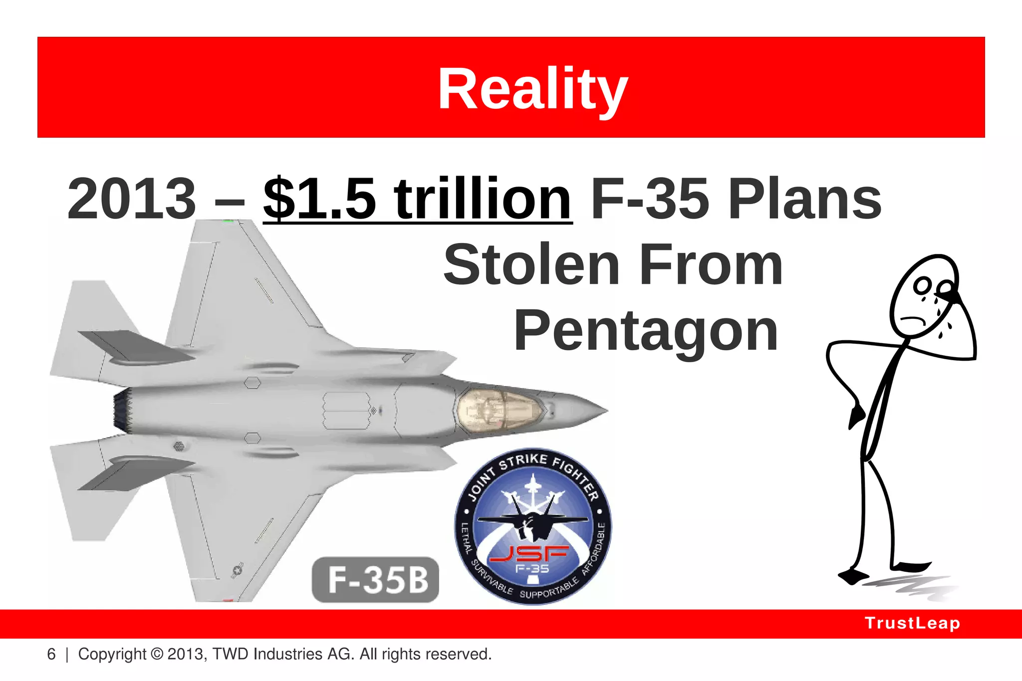 Reality 
6 | Copyright © 2013, TWD Industries AG. All rights reserved. 
TrustLeap 
2007 – RC4 / WEP 802.11 
wireless standard 
Used to Steal 45 millions 
of Credit-Card Numbers 
Legal Costs: $40,900,000 
 